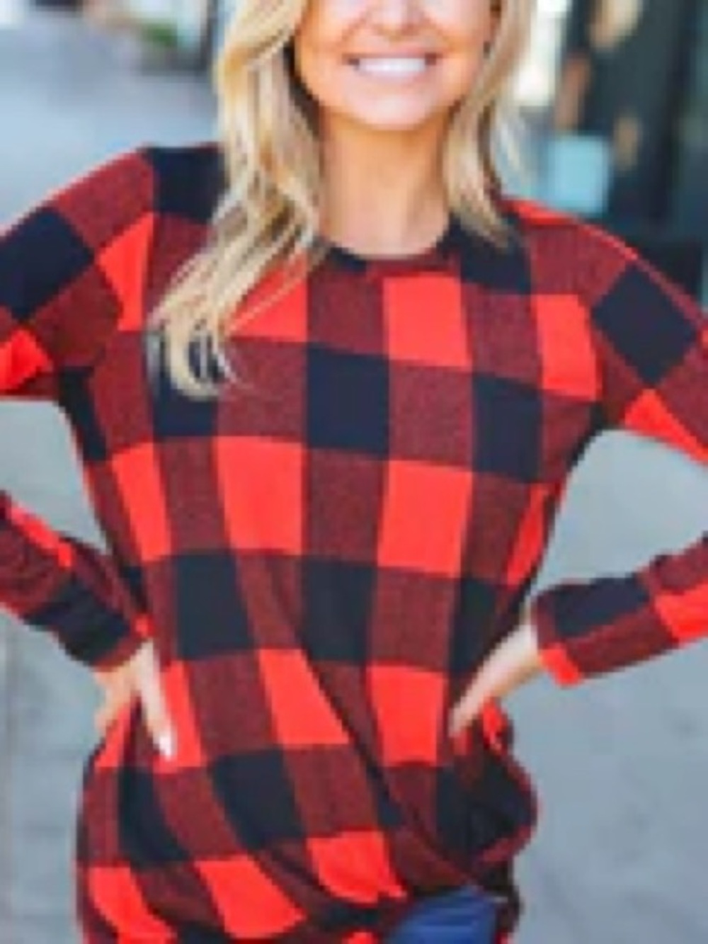 B033 Beeson River Buffalo Plaid Twist Front Long Sleeve Top